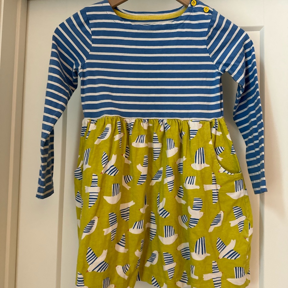 Mini Boden Blue & Yellow Striped Top Dress with Bird Print 7-8